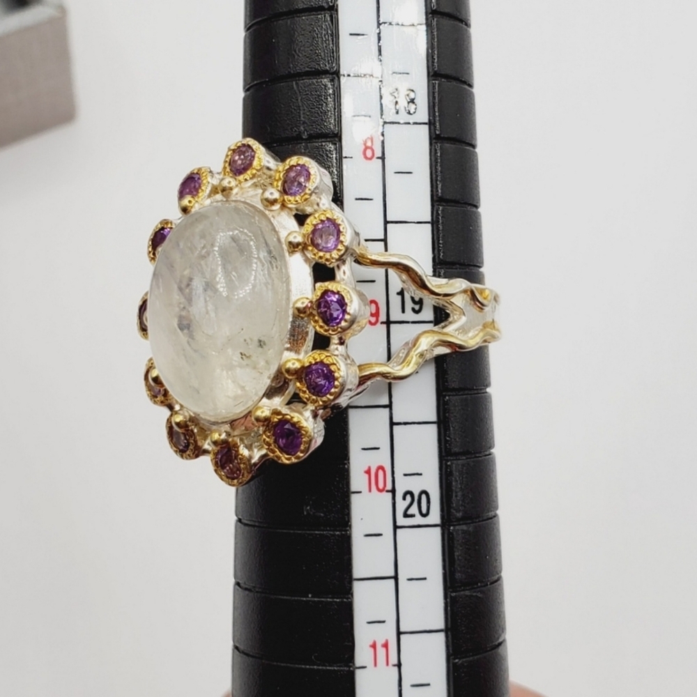 Genuine Moonstone & Purple Amethyst Sterling Silver / 18k Yellow Gold Halo Ring - Picture 3 of 4